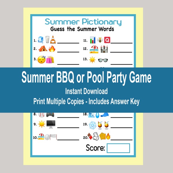 Summer Emoji Game, Summer Pictionary, Summertime BBQ, Summer Party Trivia, Adult Party Game, Summer Trivia, Virtual Game, Instant Download