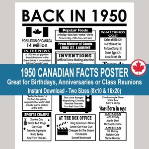 Poster di fatti sul 70° compleanno, poster di fatti sul compleanno canadese del 1950, cartello "Back in 1950", decorazioni per la festa del 70° compleanno, materiale stampabile per il 70° compleanno, download immediato