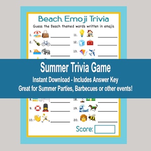 Summer Emoji Game, Summer Pictionary, Beach Pictionary Game, Summer Party Trivia, Adult, Teen, Tween Party Game, Beach Party Game