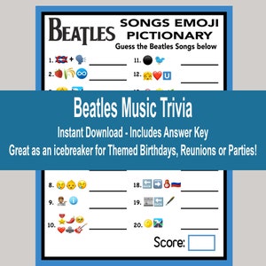 Jogos de curiosidades dos Beatles, jogos de festa dos Beatles, jogos de festa britânicos, imprimíveis dos Beatles, jogo de emojis dos Beatles, jogos de reunião de classe