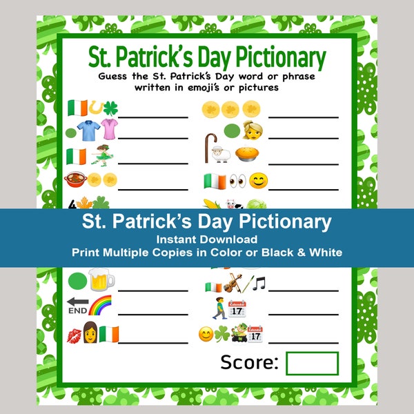 St Patricks Day Game, St Patrick's Day Emoji Pictionary, St Patricks Day Party Game, Emoji Game, St Patricks Party Games, Instant Download