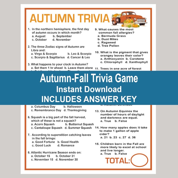 Autumn Trivia Game, Fall Party Game, Fall Trivia, Autumn Icebreaker Game, Fall Seniors Game, Autumn School Activity Game