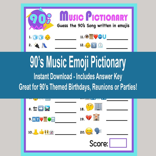 90s Music Emoji Game, 30th Birthday Games, 1993 Anniversary Games, 90s Party Games, 90s Trivia Games, 1993 Class Reunion Games, Printable