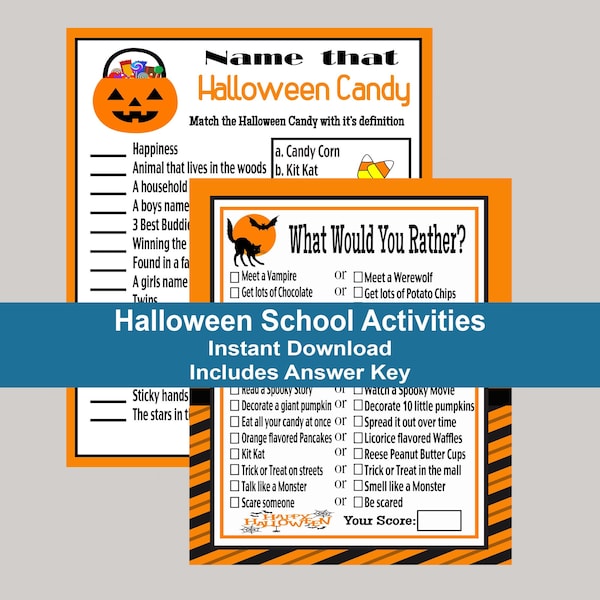 Halloween School Games, Halloween Candy Trivia, Kids Halloween Party Games, Elementary School Halloween Activity Printable Games