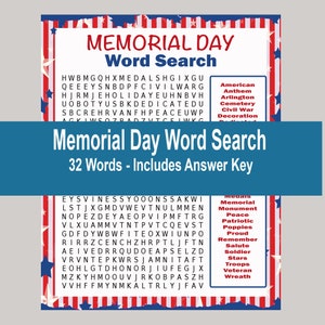 Memorial Day Word Search, Patriotic Word Search, Tween Memorial Day Game, Kids Memorial Day Word Search, Military Word Search, Printables