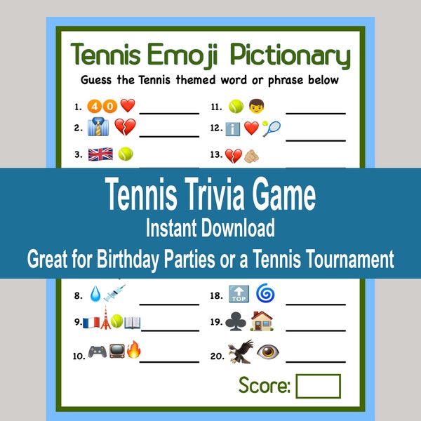 Tennis Games, Tennis Birthday Party, Tennis Trivia Game, Tennis Tournament Game, Tennis Baby Shower, Tennis Retirement Game, Printable Game