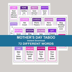 Juego de tabú del Día de la Madre, Trivialidades del Día de la Madre, Juego imprimible de Pictionary del Día de la Madre, Tabú del Día de la Madre, Charadas, Juegos imprimibles