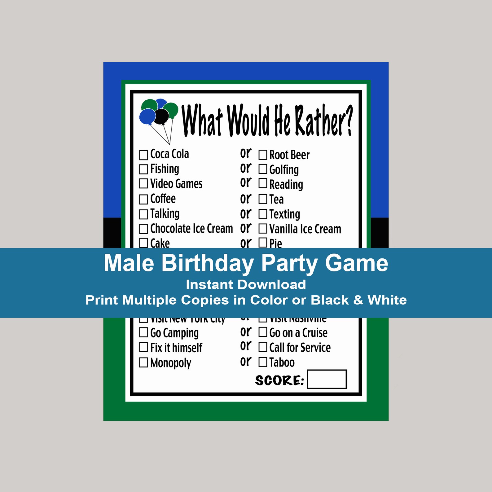 Birthday Trivia, Printable Birthday Party Game Idea, What Would He