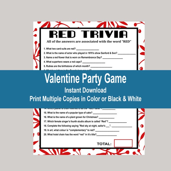 Valentine's Game, Valentine's Trivia, Red Trivia, Teen Valentine's Game, Group Game for Valentine's, Couples Shower Game, Instant Download