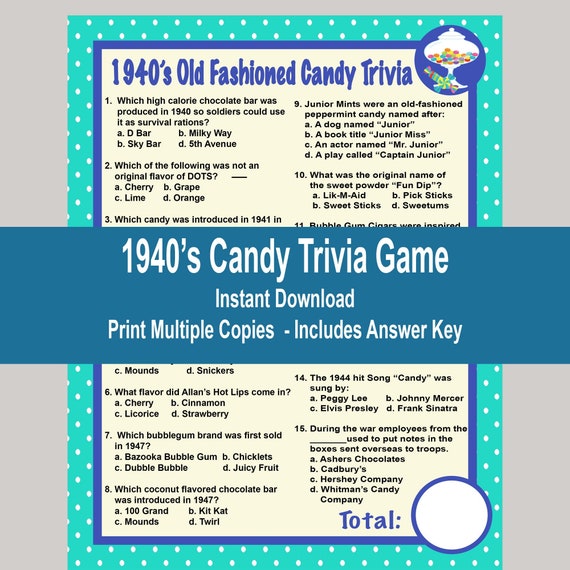 1940s Candy Trivia Game 1940 1942 1945 1947 1949 Candy Etsy Norway