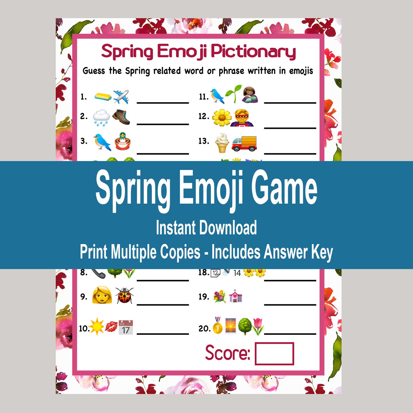 Spring Emoji Game, Spring Pictionary, Spring Trivia, Mother's Day Game