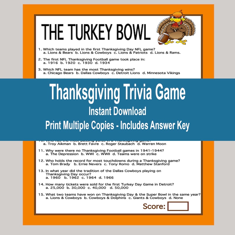Thanksgiving Trivia, Turkey Bowl Trivia, Adult Thanksgiving Games