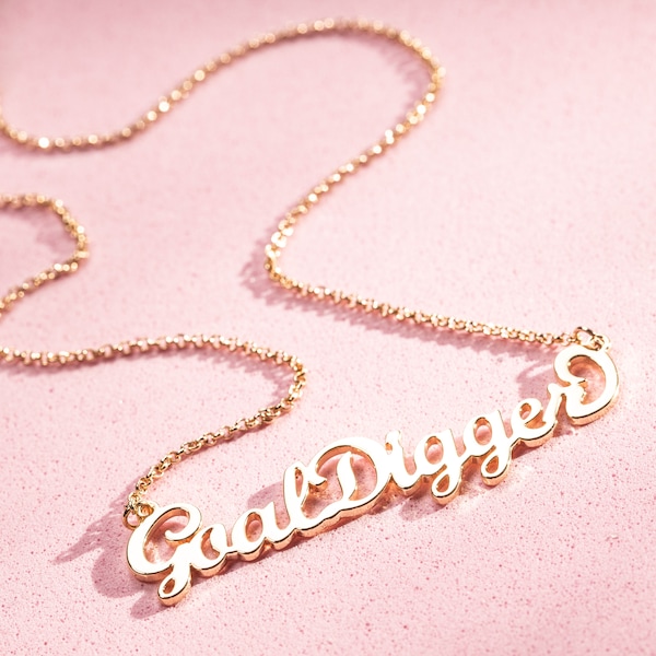 Goal Digger Gold Cursive Necklace, Female Empowerment Strong Women Pendant Dainty Chain Choker, Unique Bracelet For Her