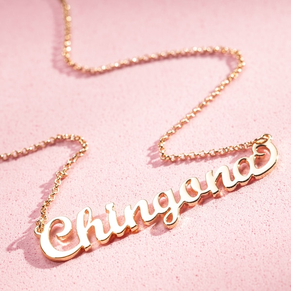 Chingona Gold Unique Cursive Necklace, Female Empowerment Strong Women Pendant Dainty Chain Choker, Love Yourself