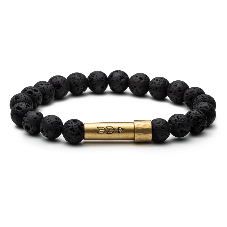 Mens black lava beaded bracelet with brass tube for holding small paper message inside