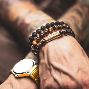 Mens beaded stone intention bracelets with brass secret capsule for holding tiny notes