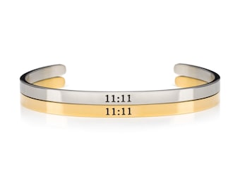 11:11 Open Cuff Bracelet, 1111 Angel Number Inspirational Bracelet, Numerology Empowering Mantra Cuff Bracelet, 11 11 Handstamped Jewelry