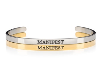 MANIFEST Stainless Steel Bracelet, Inspirational Intention Bracelet, Stacking Bracelet, Mantra Cuff Bangle, Handstamped Jewelry
