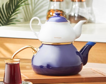 Enamel Teapot Set, Turkish Tea Pot Set, Tea Kettle for Loose Leaf Tea, Self  Strainer Caydanlik, Turkish Samovar Tea Maker 