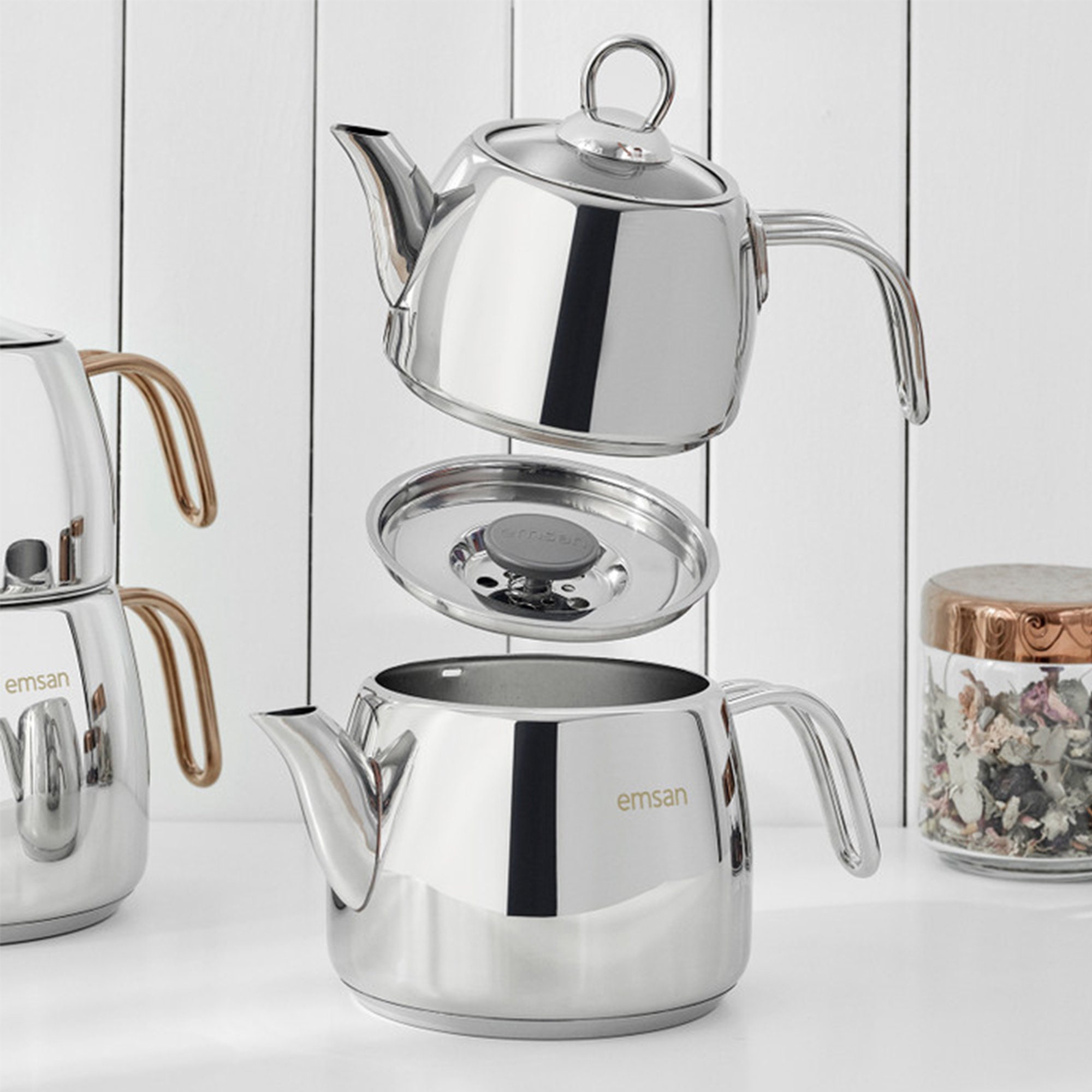 Serenk Stainless Steel Turkish Caydanlik Teapot Set, Stovetop Tea Pot with  Dual Compartments, Ideal for Turkish Coffee & Tea Making, Wooden Looking