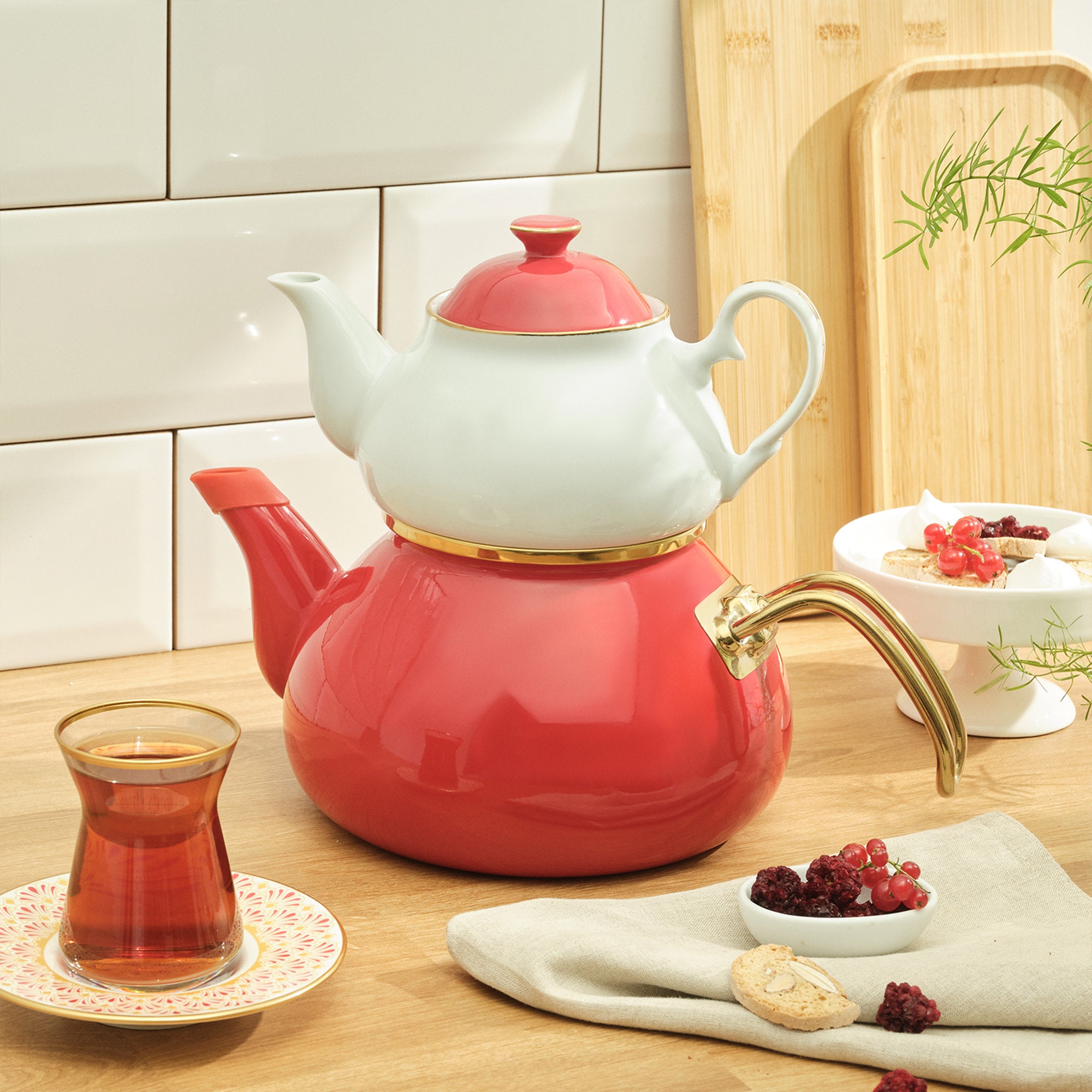 Enamel Porcelain Teapot Set, Turkish Tea Pot, Tea Kettle, Selfstrainer