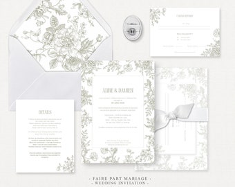 Ensemble de modèles d’invitation de mariage en Toile de Jouy, invitations de mariage, cartes RSVP Réponse et cartes de détails. Canva