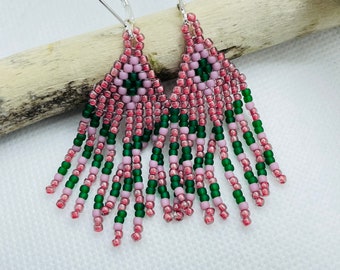 Handwoven Seed Bead Fringe Earrings: Pink & Green Tassel Earrings
