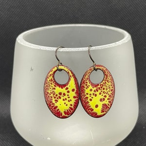 Red & Green Enamel Dangle Earrings: Handmade Copper Jewelry