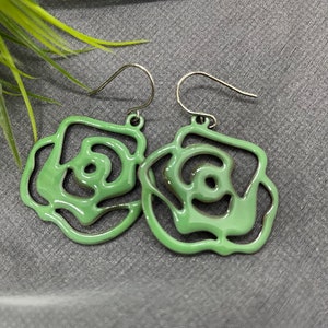 Green Enamel Earrings, Rose Earrings, Gifts for Her, Anniversary Birthday Gifts, Dangle Earrings