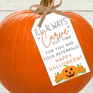 Halloween Real Estate Carve Out Time for Referrals Tag, October Fall Pop-By Sphere Pumpkin Tag, Pumpkin Carving or Carving Kit, Non-Editable