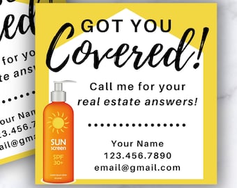 Real Estate Summer Pop-By, Sunscreen Tag, Sunscreen Label Template, Got You Covered, Realtor Pop By, Real Estate Printable, Personalize