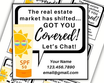 Real Estate Summer Pop-By, Sunscreen Tag, Sunscreen Label Template, Got You Covered, Realtor Pop By, Real Estate Printable, Personalize