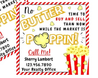 Real Estate Marketing, Realtor Pop By Tags, Real Estate Templates, Poppin Market, Popcorn Tag, Printable Editable Template using Canva