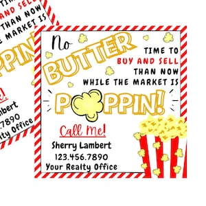 Real Estate Marketing, Realtor Pop By Tags, Real Estate Templates, Poppin Market, Popcorn Tag, Printable Editable Template using Canva