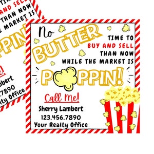 REALTOR Pop By Tags, No Butter Time To Buy Sell Real Estate, Realtor Marketing Tag, Popcorn Pop-By, New Agent, Real Estate Template