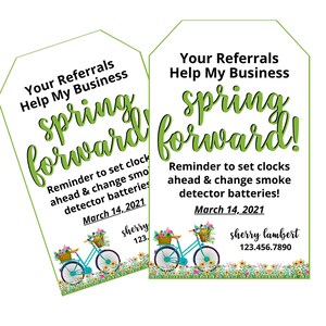 Spring Forward Tag, Time Change Reminder, Real Estate Pop By Tag, Battery Give-Away, Printable Editable Template Canva