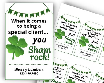 You Shamrock Client Tag, Realtor St Patrick's Day March Pop-By Tag Template, Sphere March Pop By, Escrow, Lender, Canva Template