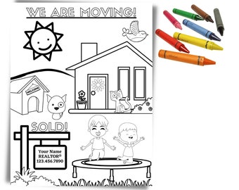 Hoja para colorear divertida para niños sobre agentes inmobiliarios, actividad para niños en jornadas de puertas abiertas de bienes raíces, para visitas, cierres, listados, eventos de marketing, plantilla Canva