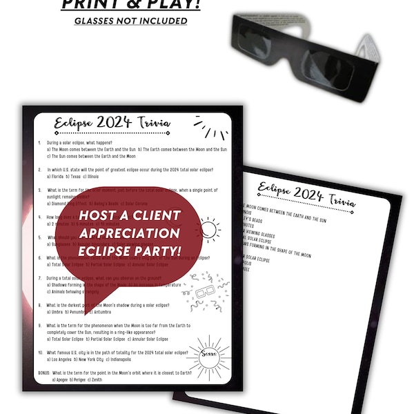 Solar Eclipse 2024 Trivia Game, Instant Download Print and Play, Real Estate Agent Client Party Idea, Eclipse Pop-By Activity