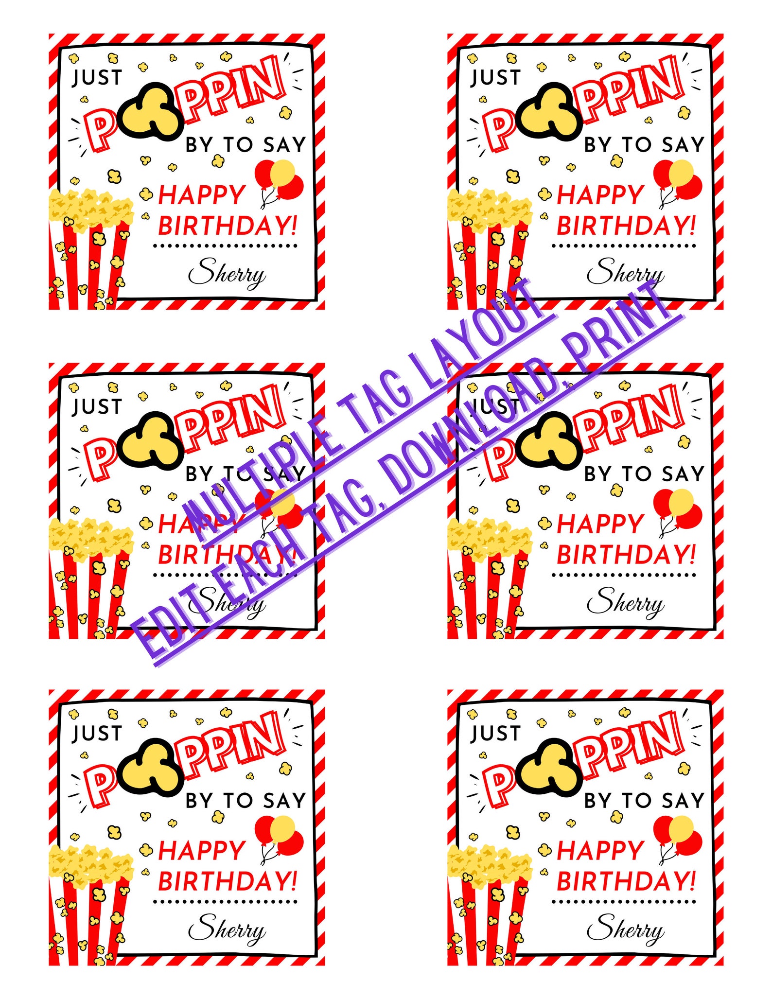 Happy Birthday Tags Printable Digital Poppin By Popcorn Etsy