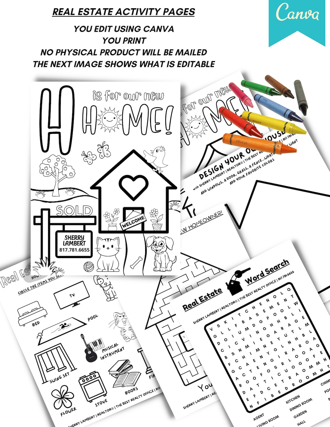6 Printable Coloring Pages Real Estate, Open House Kids Activity Sheets ...