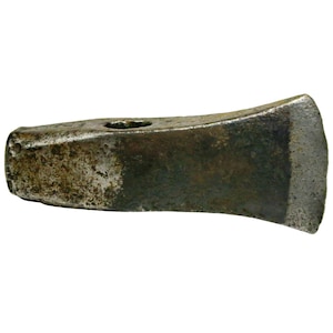 May include: A weathered, metal axe head with a rectangular body and a beveled cutting edge. The axe head has a hole near the top and shows signs of rust and wear, indicating age and use. The color is a mix of dark gray and brown.