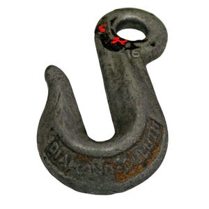 May include: A heavy-duty gray metal lifting hook with a circular eyelet at the top. The surface shows signs of wear, including patches of rust and small red paint markings. The number 16 is embossed near the eyelet, and the word DIAMOND is visible.