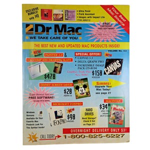 May include: A vintage Dr. Mac product catalog advertisement featuring a yellow and blue layout with various software and hardware listings, including Calcomp drawing slates, Canvas 3.5, Disney screen savers, and Microsoft FoxPro with contact info.