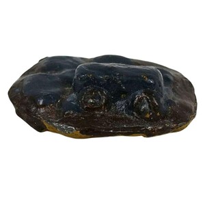 May include: A dark, textured, frog-shaped sculpture with prominent eyes and a rough surface. The sculpture is primarily black with hints of yellow and blue, suggesting an aged or weathered appearance. The frog is a unique decorative item.