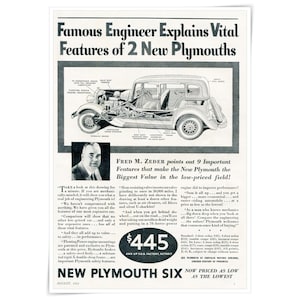 Peut inclure: Une publicité vintage en noir et blanc pour la New Plymouth Six, présentant une illustration technique en coupe d'une voiture avec des composants d'ingénierie étiquetés, un portrait de Fred M. Zeder et du texte détaillant les caractéristiques.