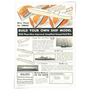 May include: Vintage advertisement for ship model kits. The ad features illustrations of model ships, including the "Sea Witch" clipper ship and the U.S.S. Indianapolis. Text promotes the kits as a Christmas gift, with details on size and included components.