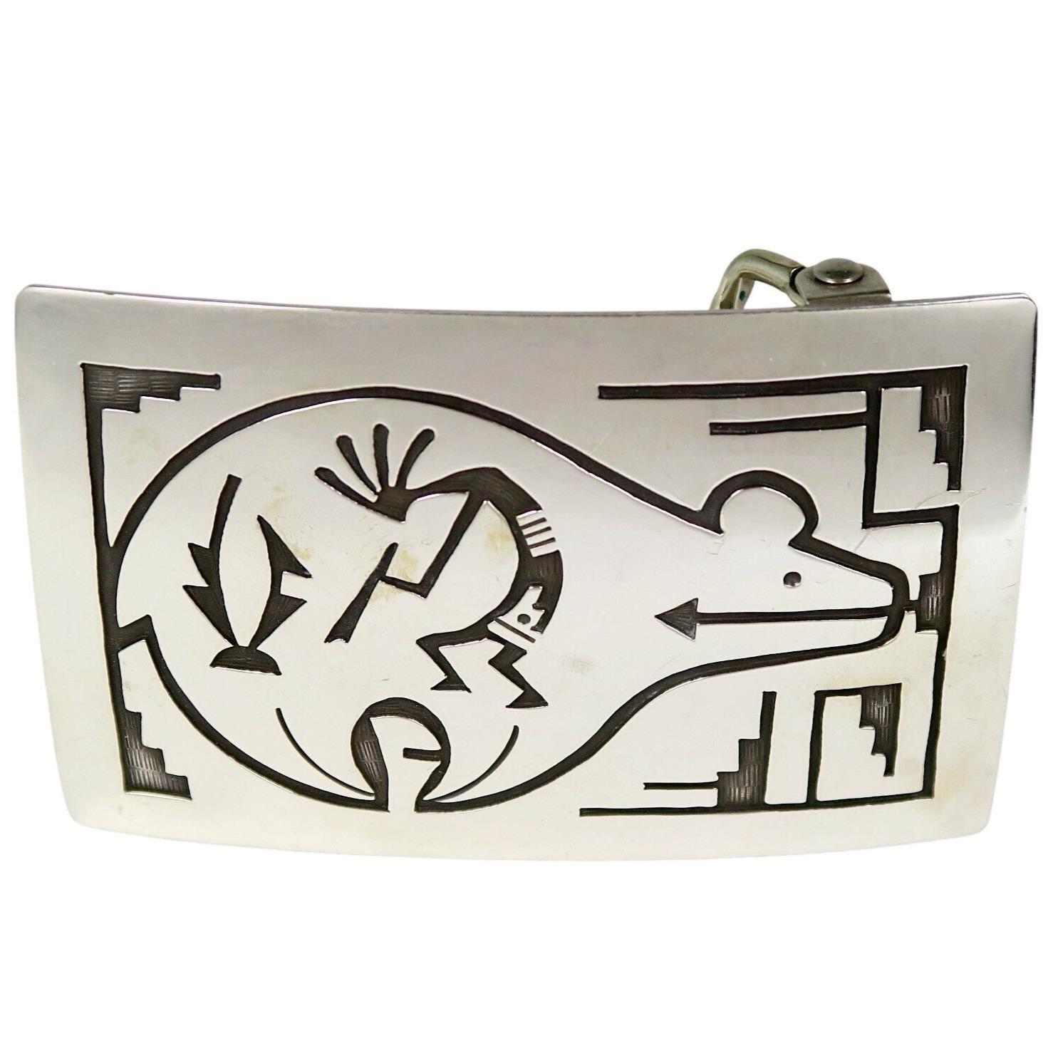 Sterling Silver Kokopelli & Heartline Bear Belt Buckle 