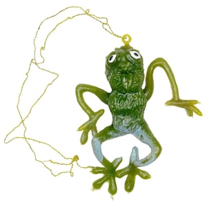 Vintage Alien Jiggler 3.5" Rubber Monster Toy Hong Kong Green & Blue, Cord Attached