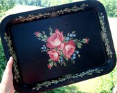 Shabby Roses Hand Painted Black Metal Toleware Tray - Vintage Cottage Home Decor - Mid-Century Serveware - 13x17